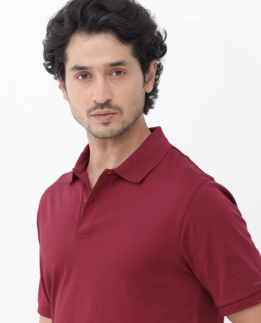 Rare Rabbit Men's Row Red Cotton Plain Regular Fit Half Sleeve Polo