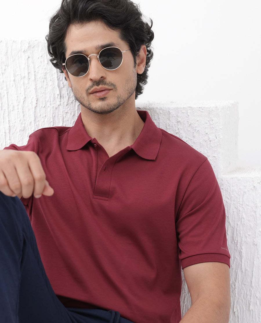 Rare Rabbit Men's Row Red Cotton Plain Regular Fit Half Sleeve Polo
