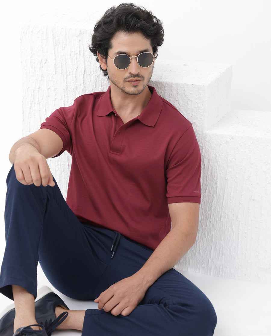 Rare Rabbit Men's Row Red Cotton Plain Regular Fit Half Sleeve Polo