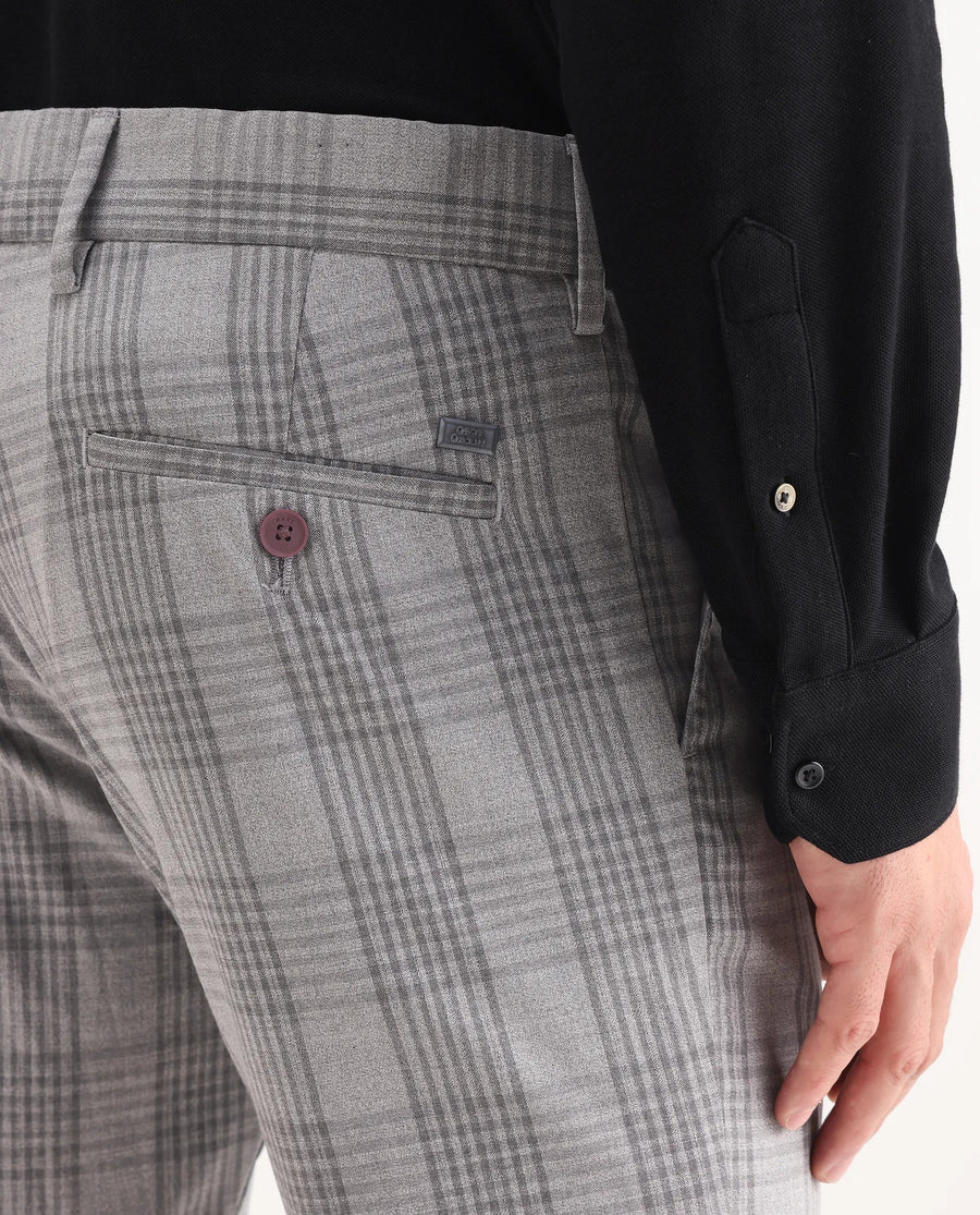Rare Rabbit Men's Rowe Grey Polyester Checked Print Regular Fit Trouser