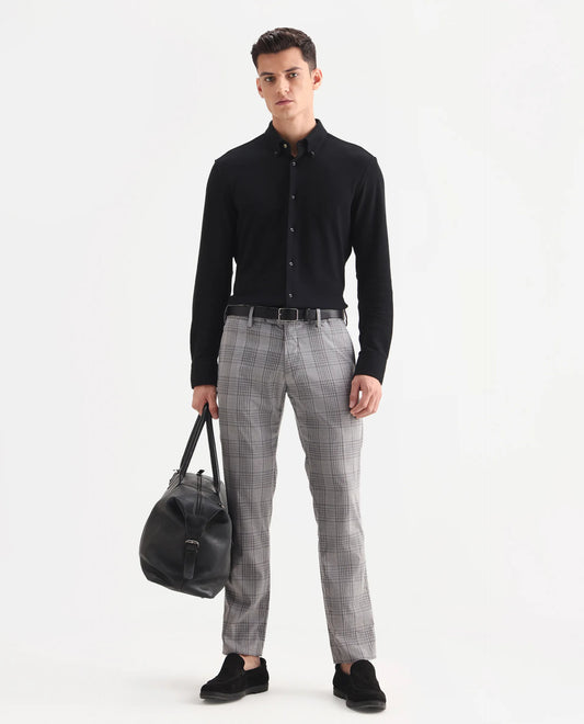 Rare Rabbit Men's Rowe Grey Polyester Checked Print Regular Fit Trouser