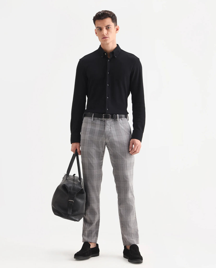 Rare Rabbit Men's Rowe Grey Polyester Checked Print Regular Fit Trouser