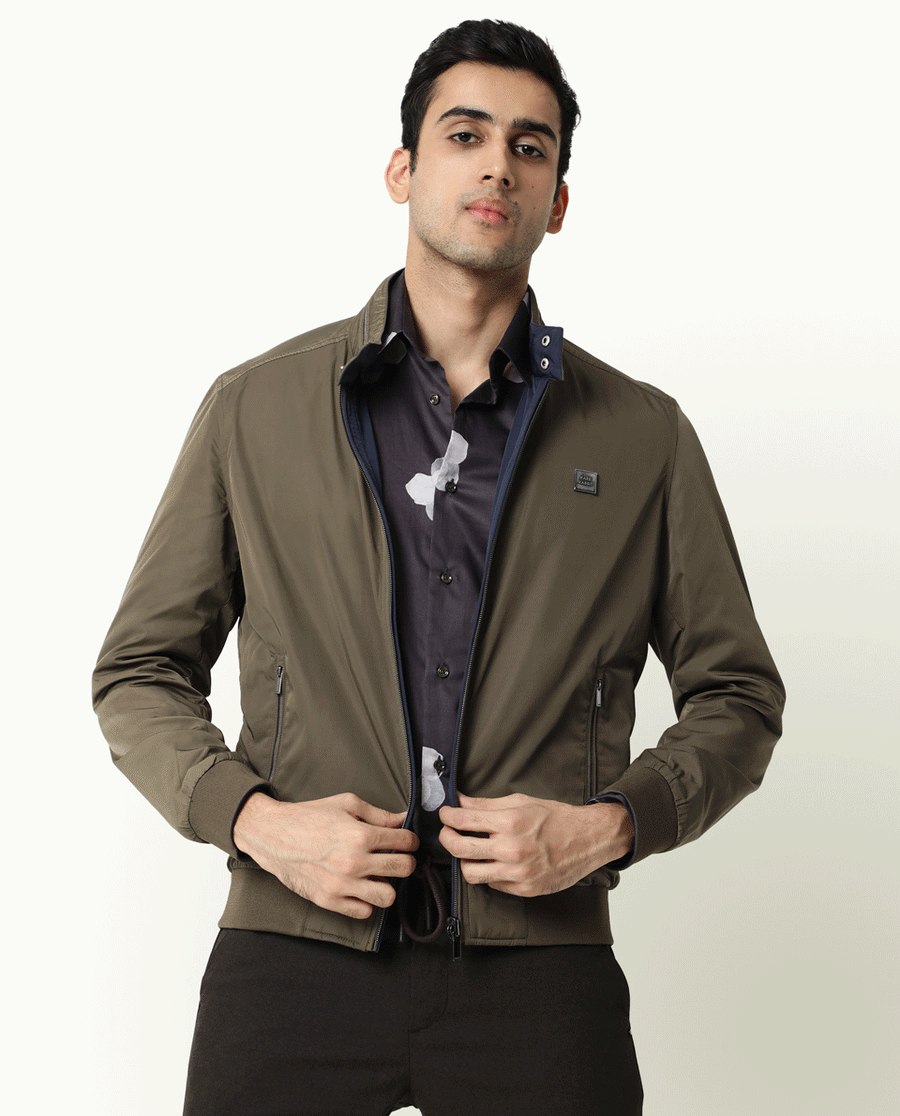 Rare Rabbit Men's Royban Olive Polyester Plain Regular Fit Full Sleeve Mandarin Collar Jacket