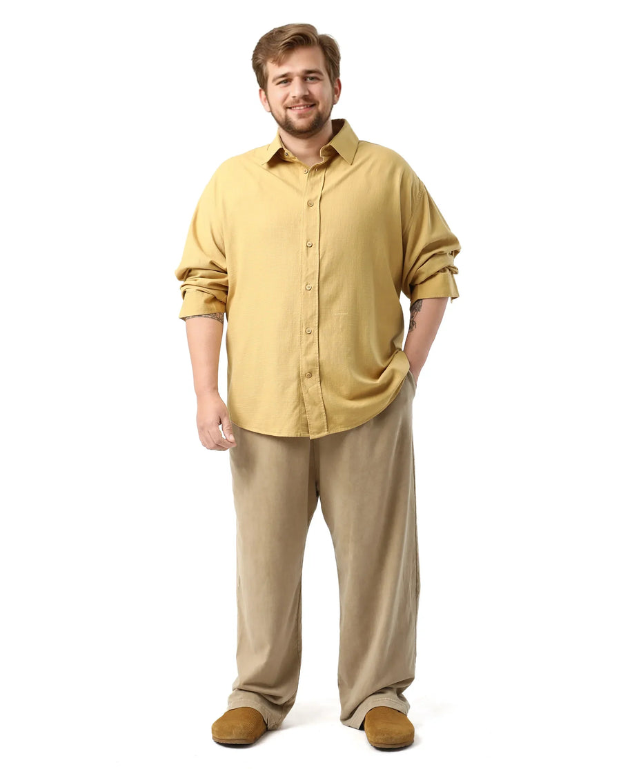 Rare Rabbit Men's Royo Big Mustard Cotton Blend Fabric Full Sleeve Spread Collar Button Closure Regular Fit Textured Shirt