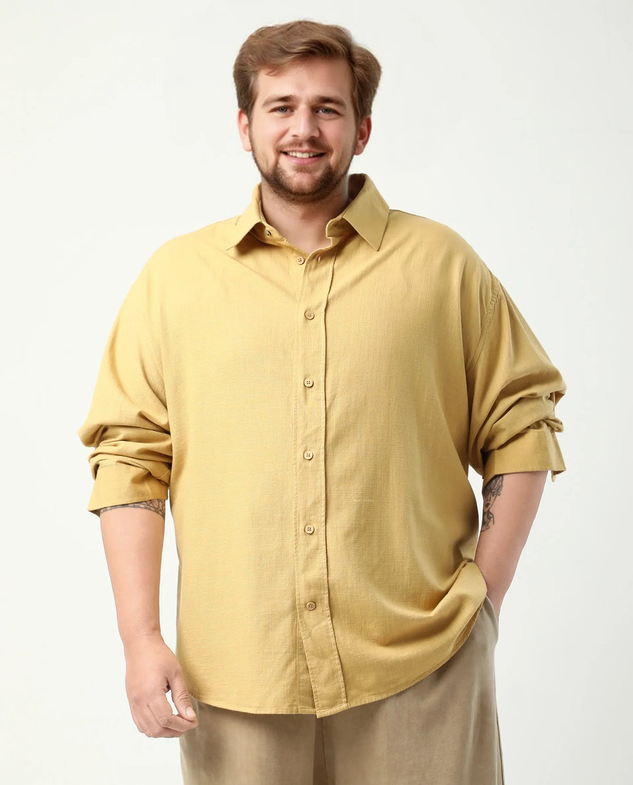 Rare Rabbit Men's Royo Big Mustard Cotton Blend Fabric Full Sleeve Spread Collar Button Closure Regular Fit Textured Shirt