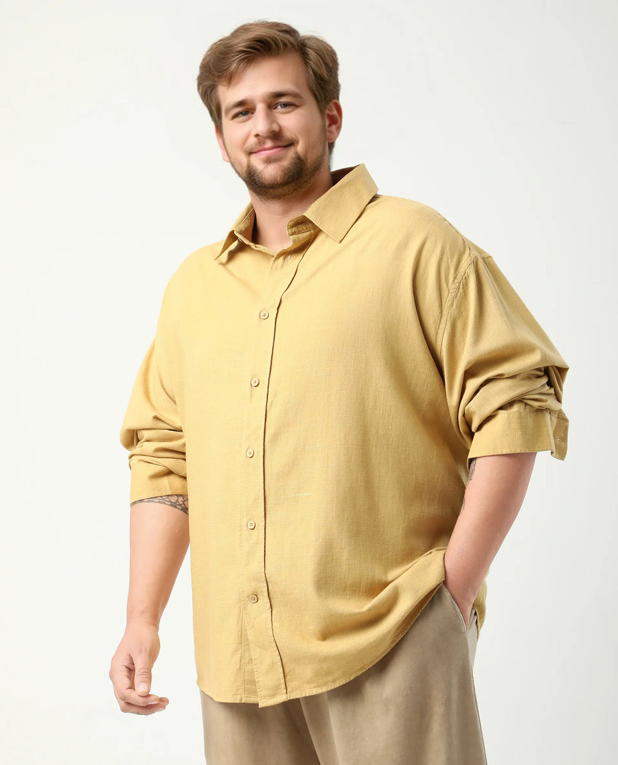 Rare Rabbit Men's Royo Big Mustard Cotton Blend Fabric Full Sleeve Spread Collar Button Closure Regular Fit Textured Shirt