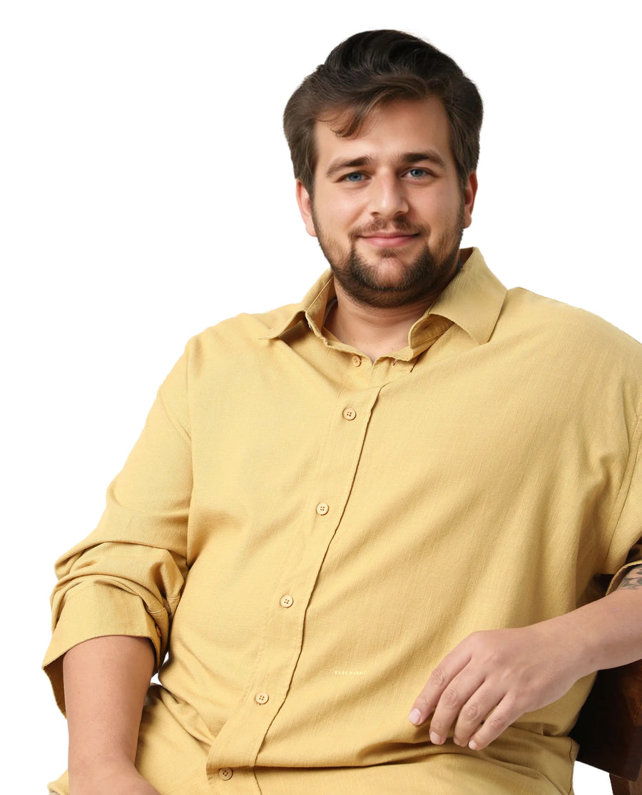 Rare Rabbit Men's Royo Big Mustard Cotton Blend Fabric Full Sleeve Spread Collar Button Closure Regular Fit Textured Shirt