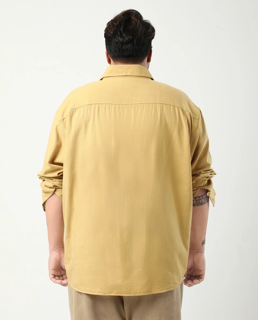 Rare Rabbit Men's Royo Big Mustard Cotton Blend Fabric Full Sleeve Spread Collar Button Closure Regular Fit Textured Shirt