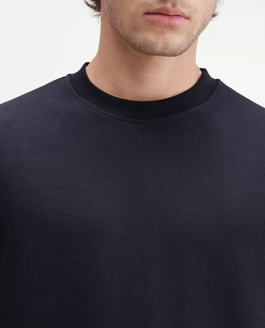 Rare Rabbit Men's Basic Rr-Corp-Harry-S Navy Polyester Blend Crew Neck Regular Plain Sweatshirt
