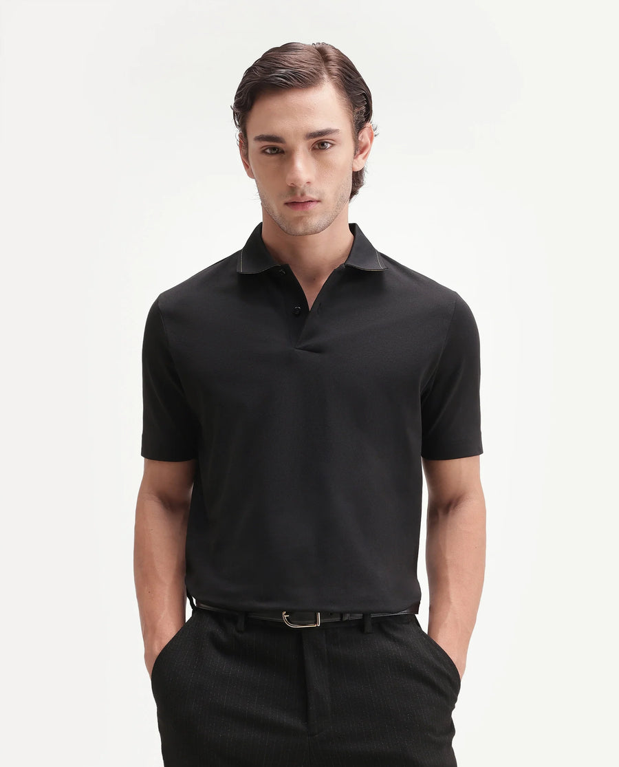 Rare Rabbit Men's Basic Rr-Corp-Tanq Black Cotton Blend Spread Collar Regular Plain Polo