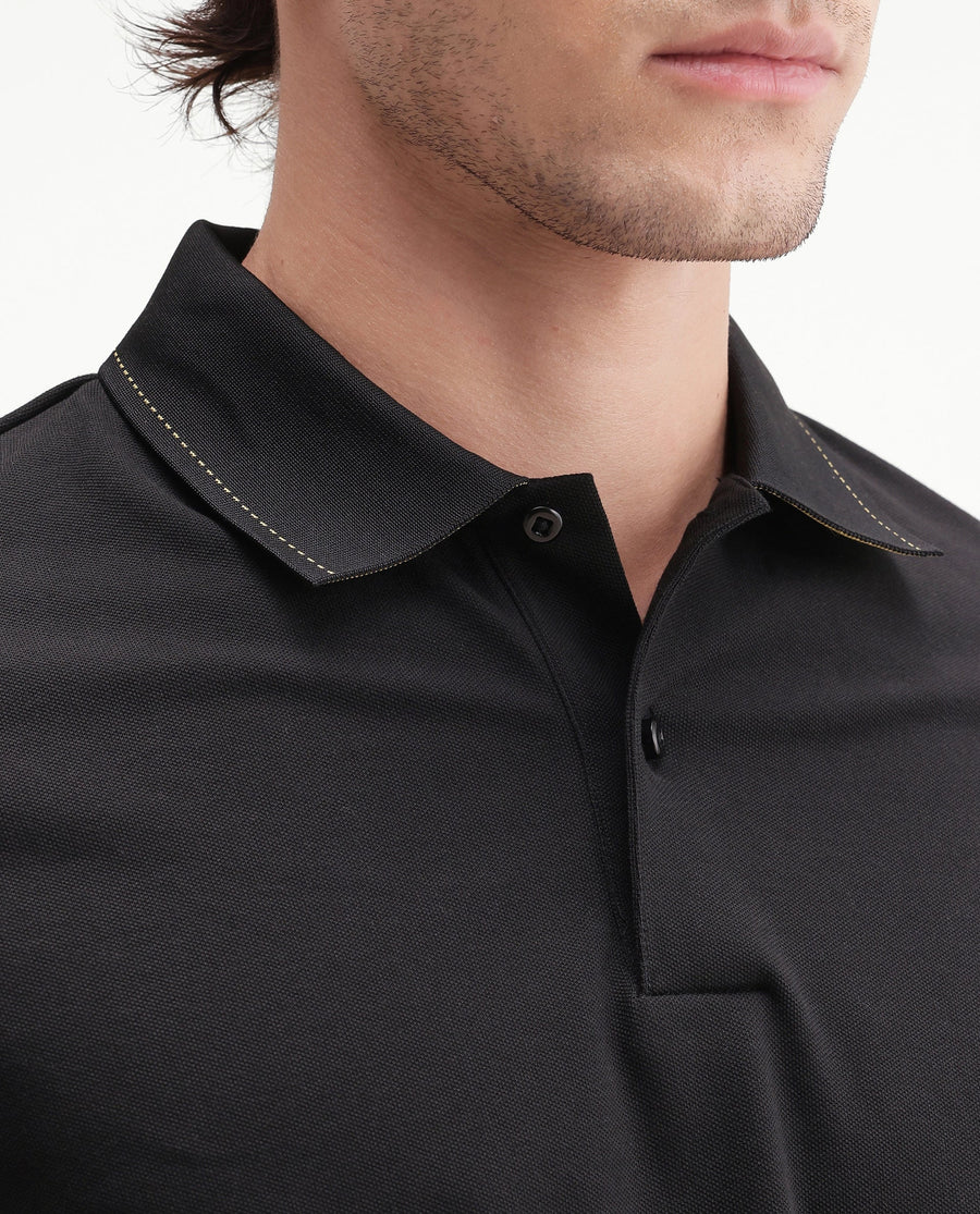 Rare Rabbit Men's Basic Rr-Corp-Tanq Black Cotton Blend Spread Collar Regular Plain Polo