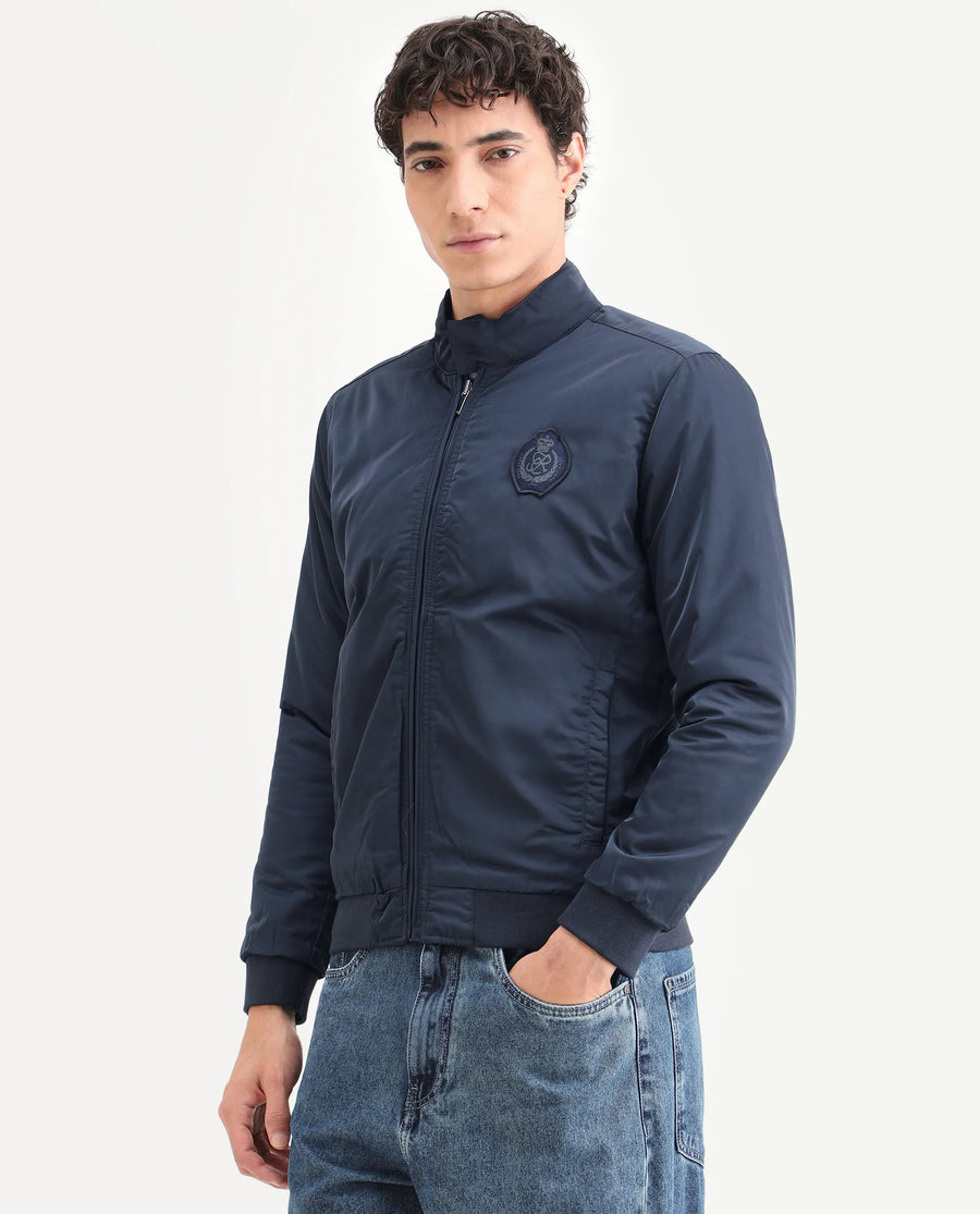Rare Rabbit Men's Royban Navy Polyester Plain Regular Fit Full Sleeve Mandarin Collar Jacket