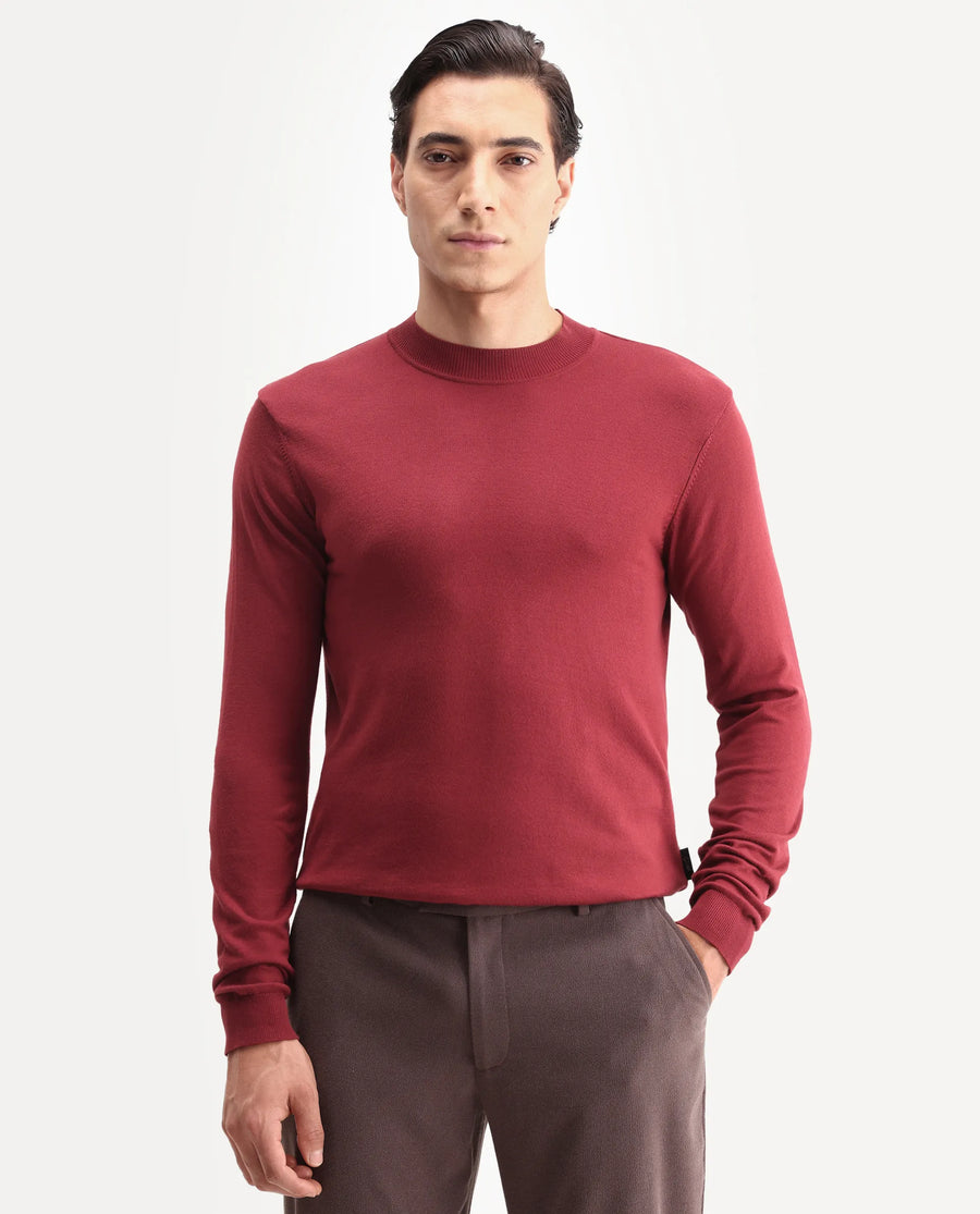 Rare Rabbit Men's Alfot Red Viscose Plain Regular Fit Full Sleeve High Neck Sweater