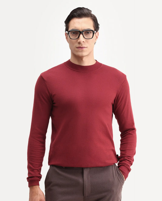Rare Rabbit Men's Alfot Red Viscose Plain Regular Fit Full Sleeve High Neck Sweater