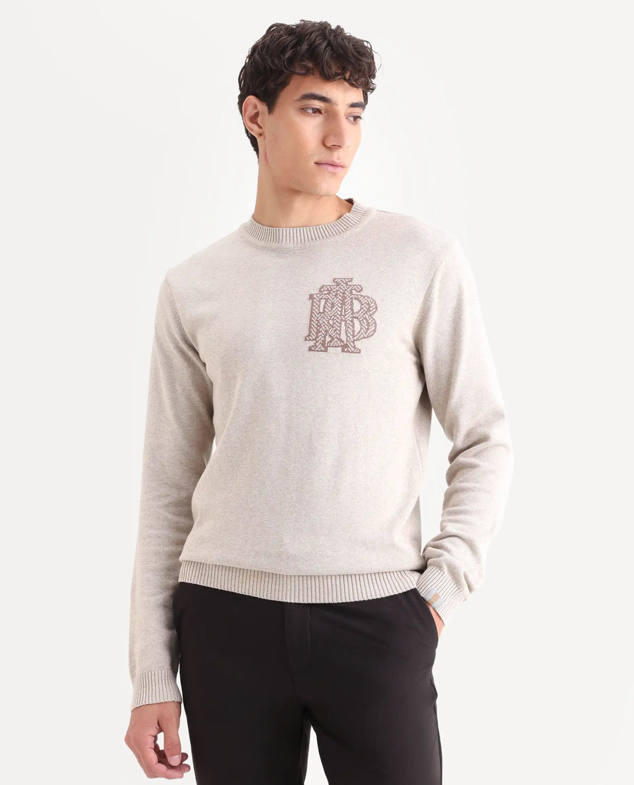 Rare Rabbit Men's Destin Beige Cotton Jacquard Regular Fit Full Sleeve Crew Neck Sweater