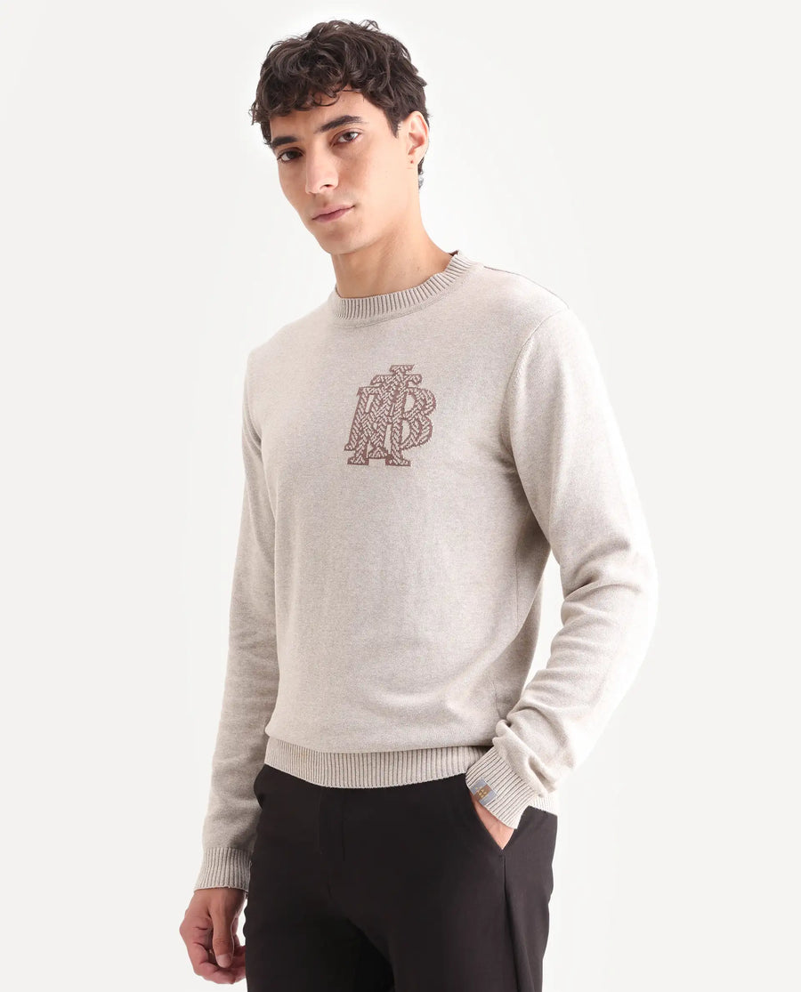 Rare Rabbit Men's Destin Beige Cotton Jacquard Regular Fit Full Sleeve Crew Neck Sweater
