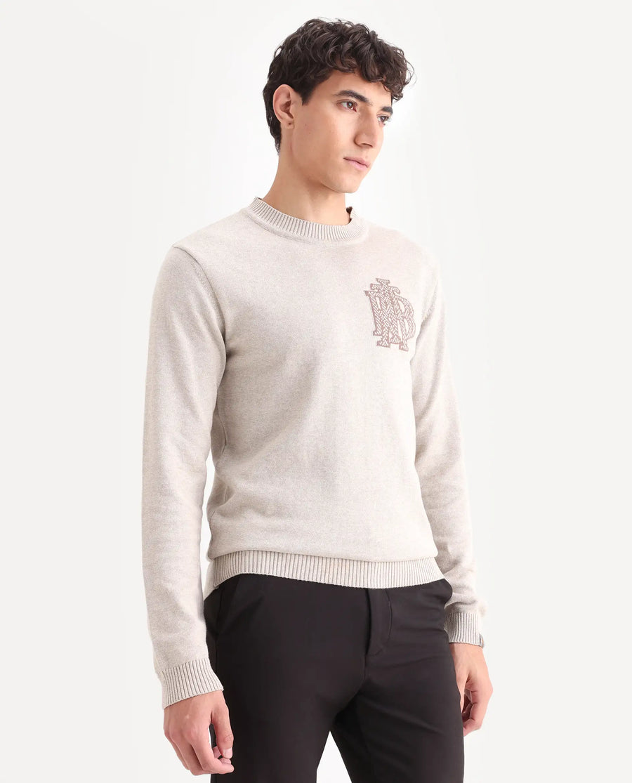 Rare Rabbit Men's Destin Beige Cotton Jacquard Regular Fit Full Sleeve Crew Neck Sweater