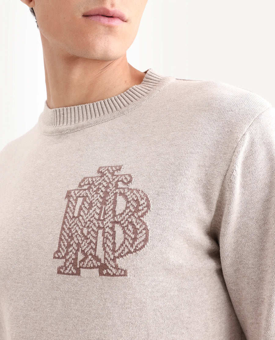 Rare Rabbit Men's Destin Beige Cotton Jacquard Regular Fit Full Sleeve Crew Neck Sweater