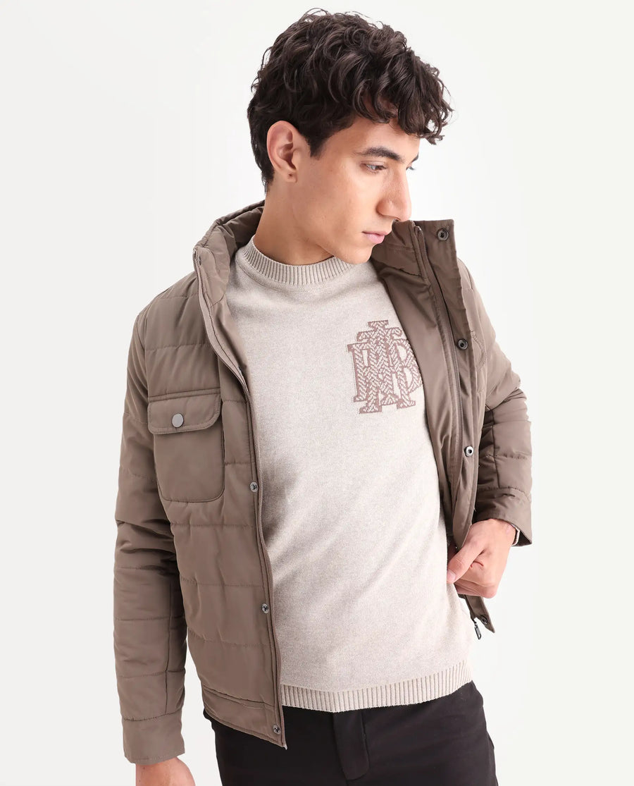 Rare Rabbit Men's Destin Beige Cotton Jacquard Regular Fit Full Sleeve Crew Neck Sweater