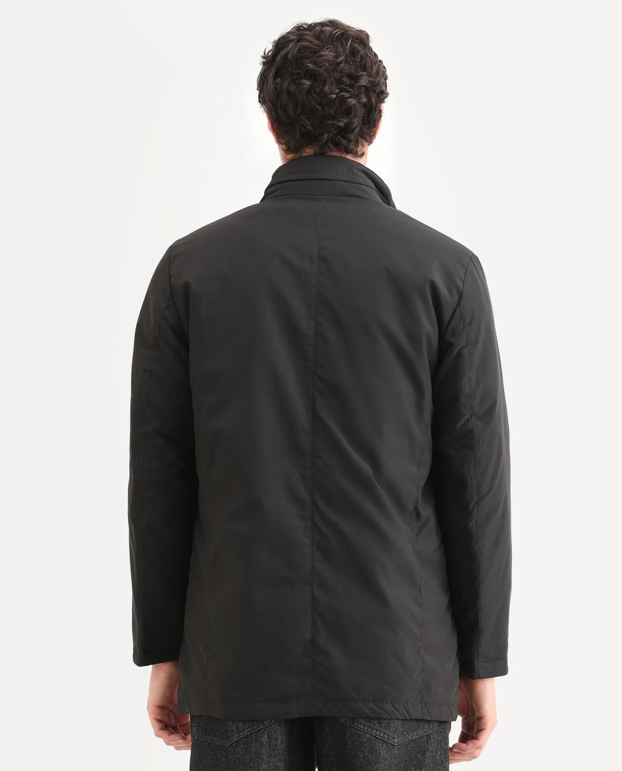 Rare Rabbit Men's Macaw Black Polyester Plain Regular Fit Full Sleeve High Neck Jacket