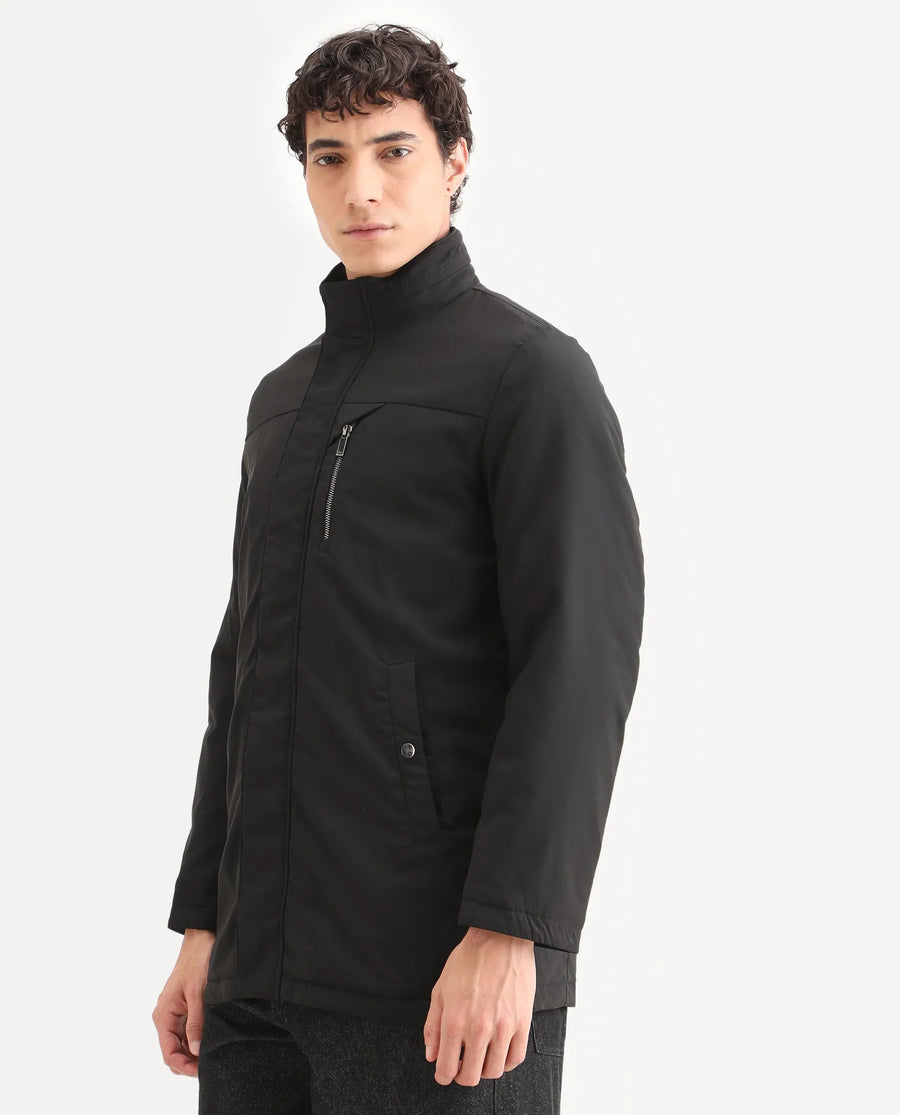 Rare Rabbit Men's Macaw Black Polyester Plain Regular Fit Full Sleeve High Neck Jacket
