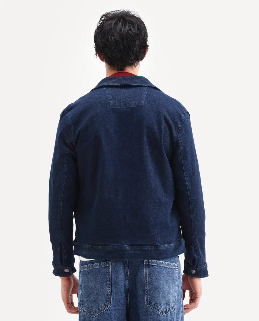 Rare Rabbit Men's Denner Dark Blue Cotton Plain Relaxed Fit Full Sleeve Spread Collar Jacket
