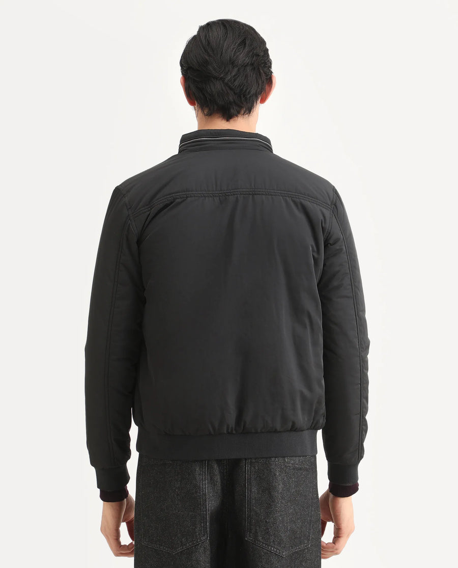 Rare Rabbit Men's Royban-2 Black Polyester Plain Regular Fit Full Sleeve High Neck Jacket