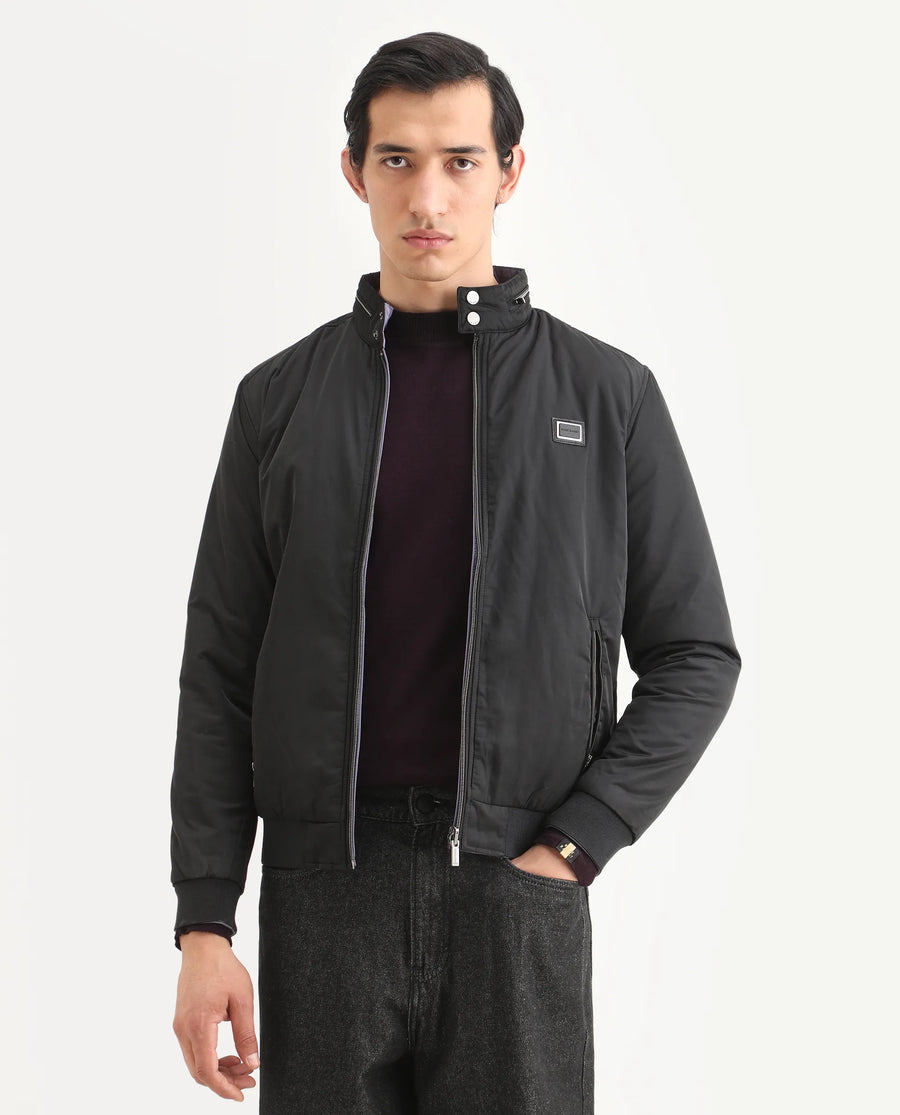 Rare Rabbit Men's Royban-2 Black Polyester Plain Regular Fit Full Sleeve High Neck Jacket