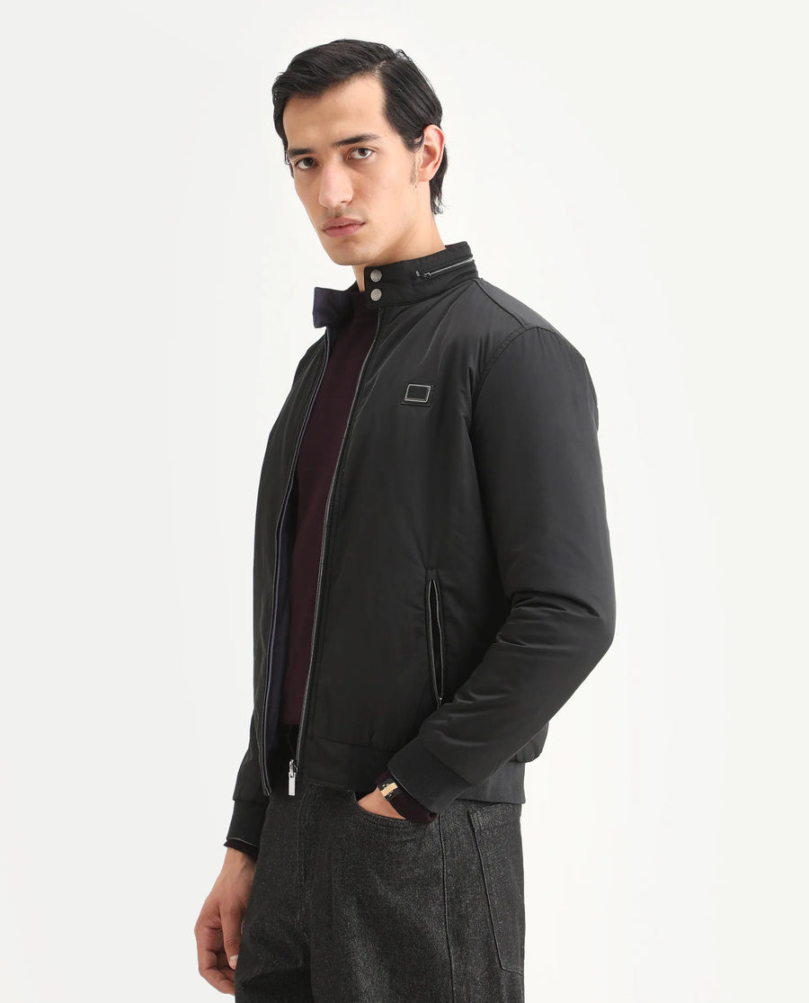 Rare Rabbit Men's Royban-2 Black Polyester Plain Regular Fit Full Sleeve High Neck Jacket