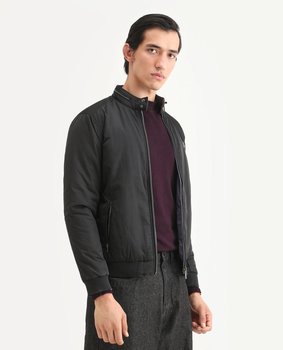 Rare Rabbit Men's Royban-2 Black Polyester Plain Regular Fit Full Sleeve High Neck Jacket
