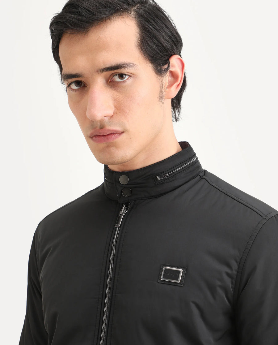 Rare Rabbit Men's Royban-2 Black Polyester Plain Regular Fit Full Sleeve High Neck Jacket
