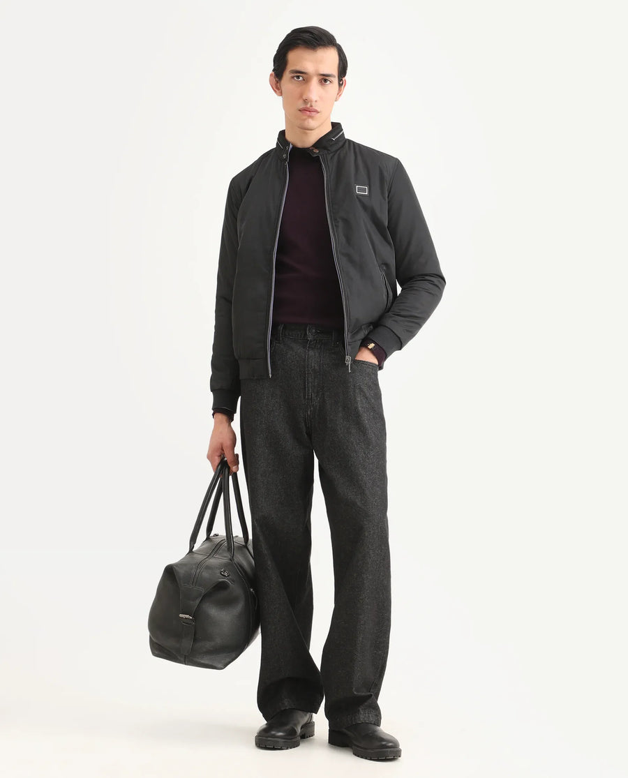 Rare Rabbit Men's Royban-2 Black Polyester Plain Regular Fit Full Sleeve High Neck Jacket