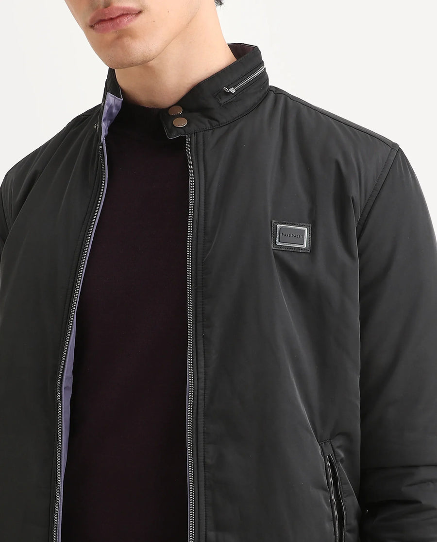 Rare Rabbit Men's Royban-2 Black Polyester Plain Regular Fit Full Sleeve High Neck Jacket