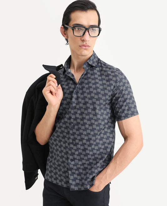 Rare Rabbit Men's Calo Navy Cotton Blend Monogram Print Boxy Fit Half Sleeve Collared Shirt