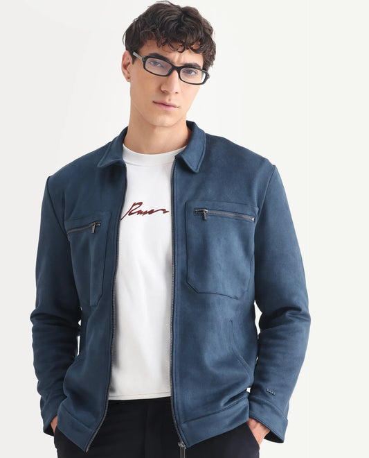 Rare Rabbit Men's Bax-3 Dark Blue Polyester Plain Relaxed Fit Full Sleeve Spread Collar Jacket