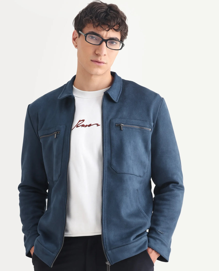 Rare Rabbit Men's Bax-3 Dark Blue Polyester Plain Relaxed Fit Full Sleeve Spread Collar Jacket