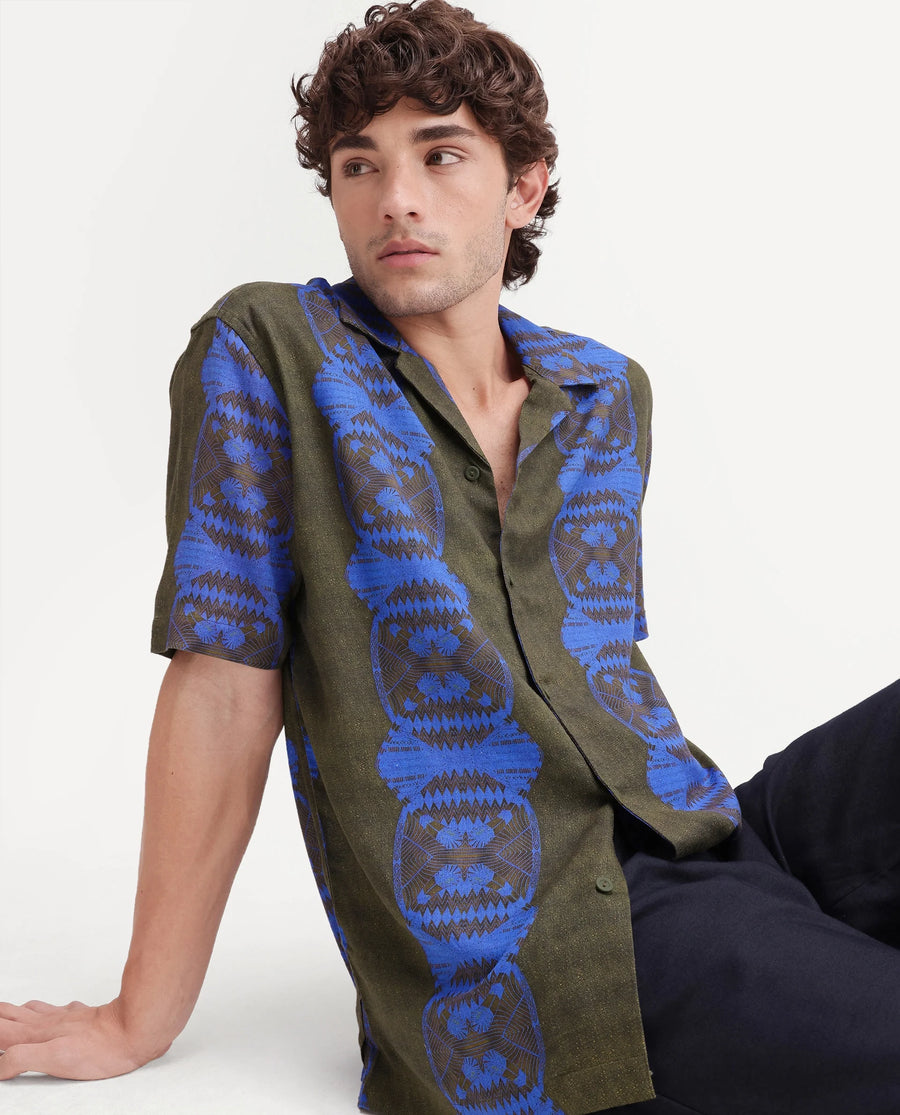 Rare Rabbit Men's Vero Olive Linen Blend Abstract Print Boxy Fit Half Sleeve Cuban Collar Shirt