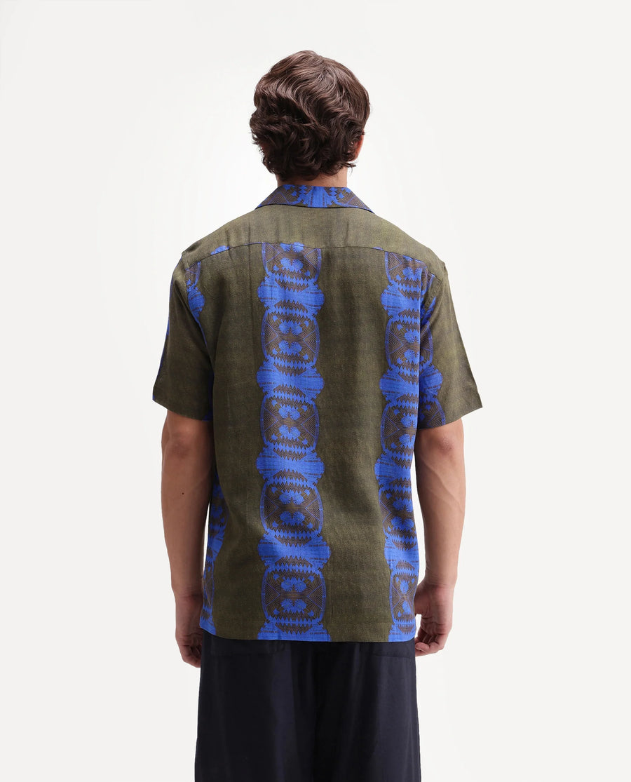Rare Rabbit Men's Vero Olive Linen Blend Abstract Print Boxy Fit Half Sleeve Cuban Collar Shirt