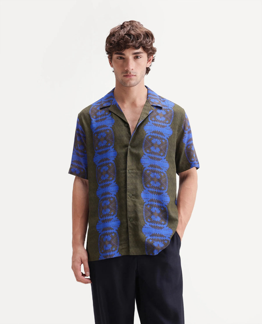 Rare Rabbit Men's Vero Olive Linen Blend Abstract Print Boxy Fit Half Sleeve Cuban Collar Shirt