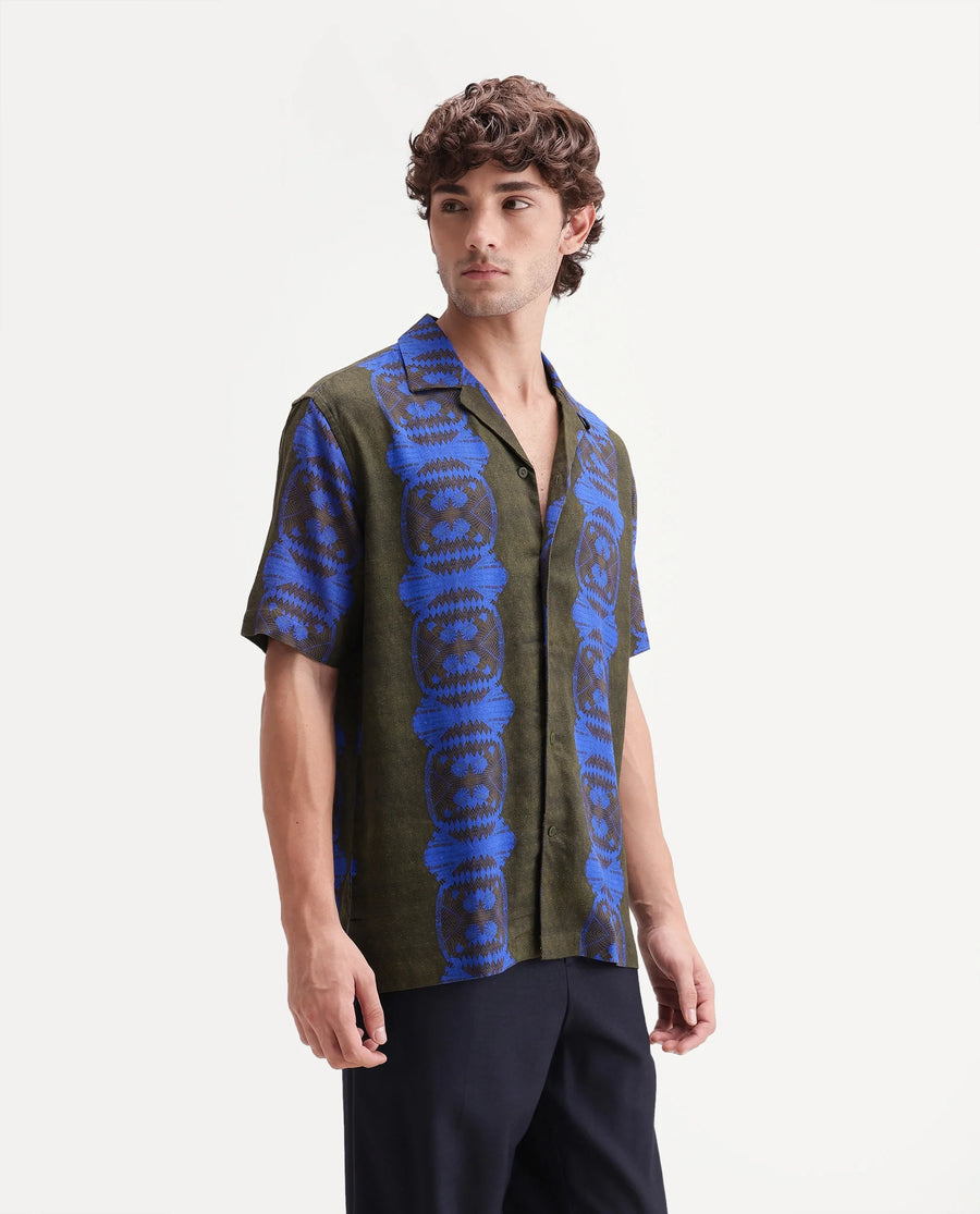 Rare Rabbit Men's Vero Olive Linen Blend Abstract Print Boxy Fit Half Sleeve Cuban Collar Shirt