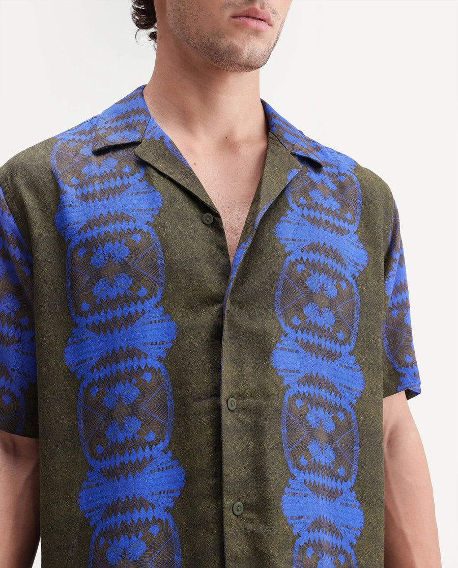 Rare Rabbit Men's Vero Olive Linen Blend Abstract Print Boxy Fit Half Sleeve Cuban Collar Shirt