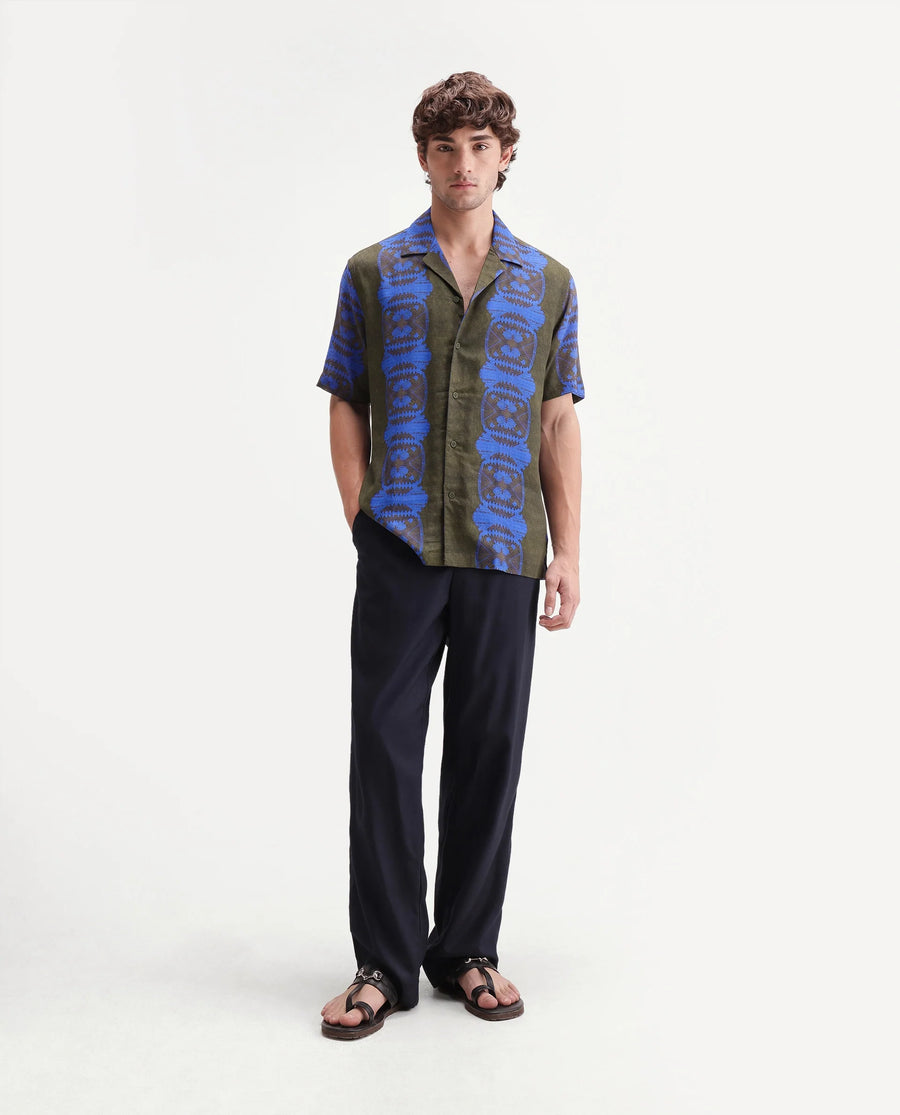 Rare Rabbit Men's Vero Olive Linen Blend Abstract Print Boxy Fit Half Sleeve Cuban Collar Shirt