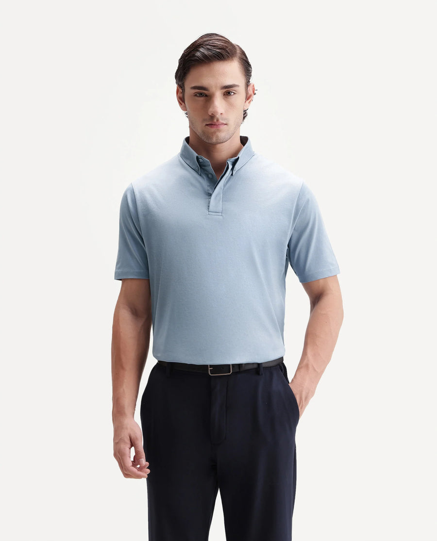 Rare Rabbit Men's Clarence-1 Dusky Blue Cotton Plain Regular Fit Half Sleeve Polo