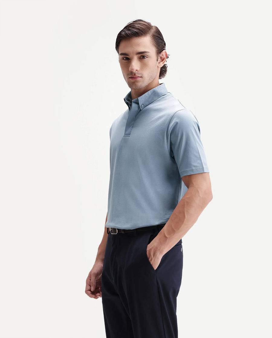 Rare Rabbit Men's Clarence-1 Dusky Blue Cotton Plain Regular Fit Half Sleeve Polo