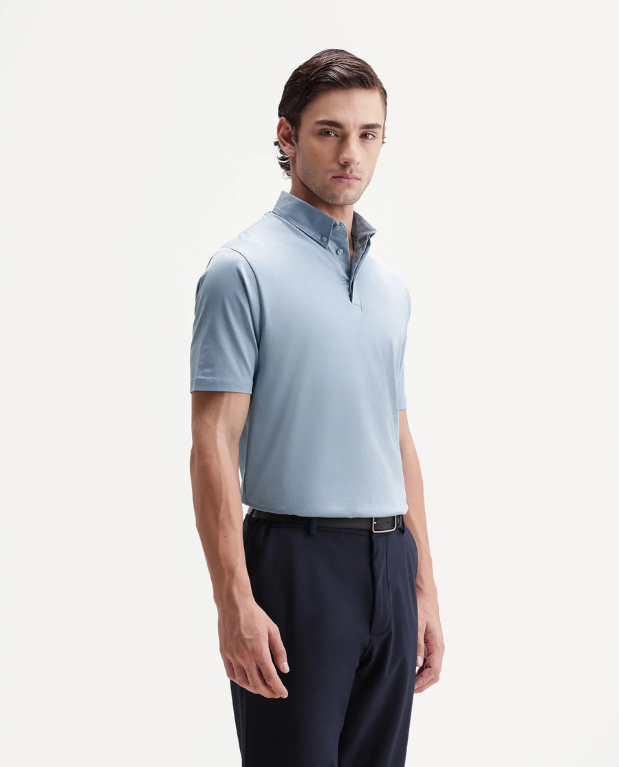 Rare Rabbit Men's Clarence-1 Dusky Blue Cotton Plain Regular Fit Half Sleeve Polo