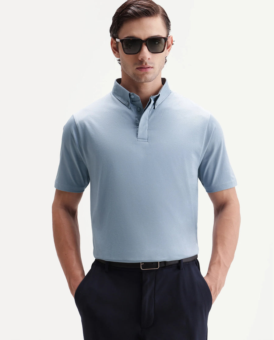 Rare Rabbit Men's Clarence-1 Dusky Blue Cotton Plain Regular Fit Half Sleeve Polo