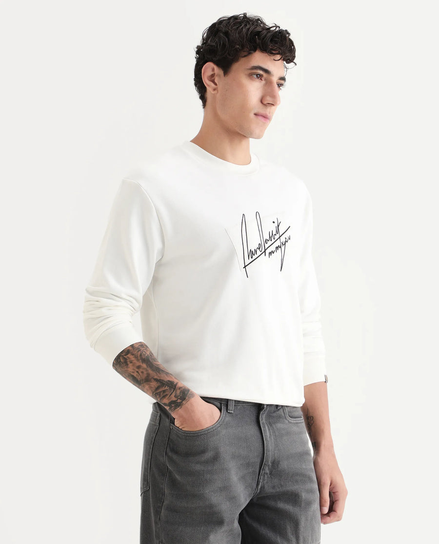 Rare Rabbit Men's Raydon Off White Cotton Graphic Print Regular Fit Full Sleeve Crew Neck Sweatshirt
