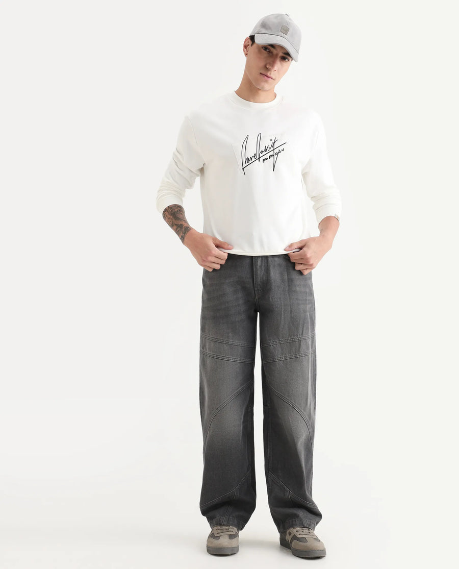 Rare Rabbit Men's Raydon Off White Cotton Graphic Print Regular Fit Full Sleeve Crew Neck Sweatshirt