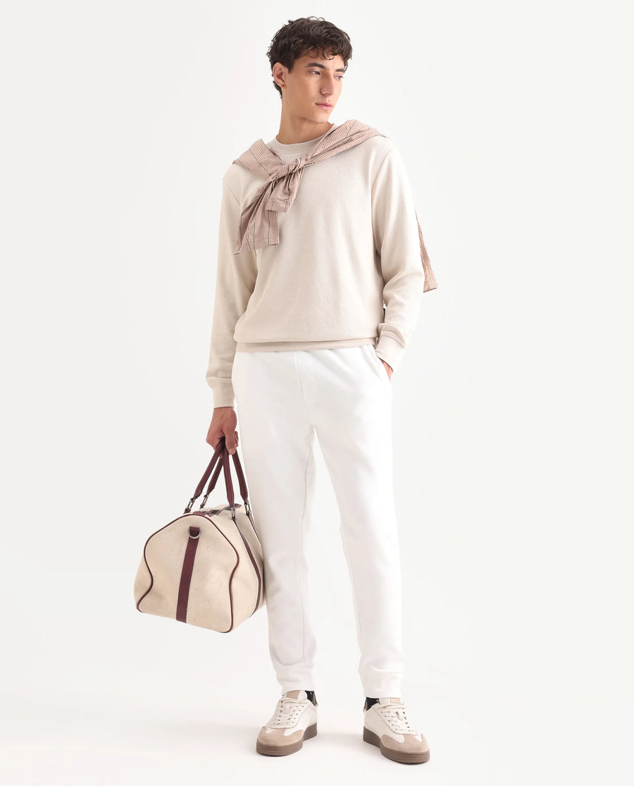 Rare Rabbit Men's Foy Off White Cotton Plain Regular Fit Full Sleeve Crew Neck Sweatshirt