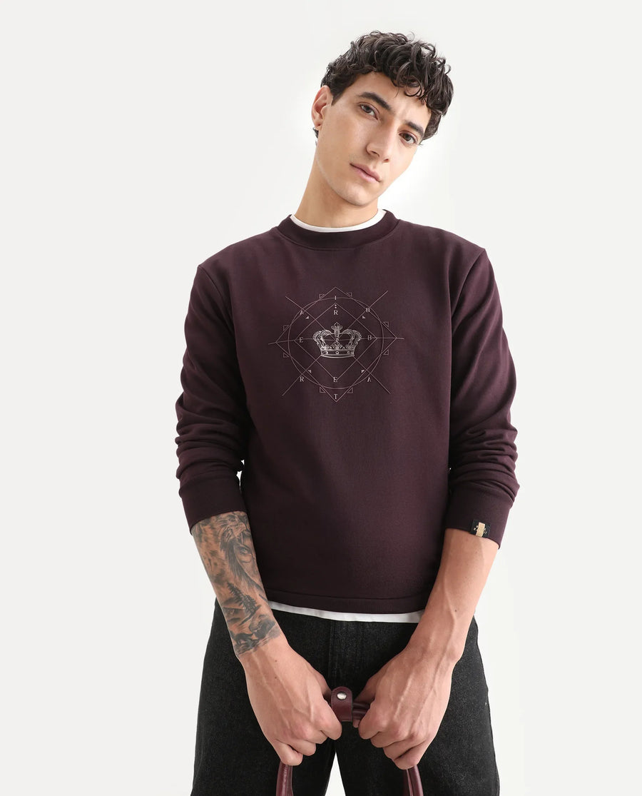 Rare Rabbit Men's Tarol Dark Brown Cotton Blend Graphic Print Boxy Fit Full Sleeve Crew Neck Sweatshirt